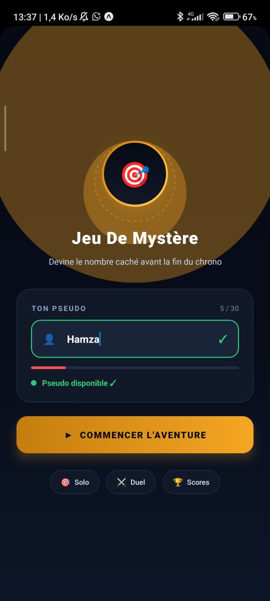 Écran d'accueil et création de pseudo