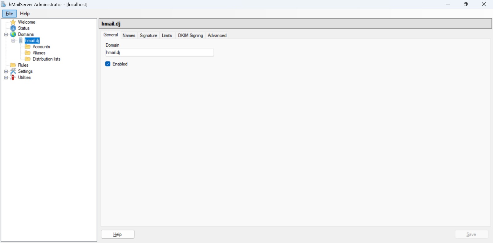 Création du domaine dans hMailServer
